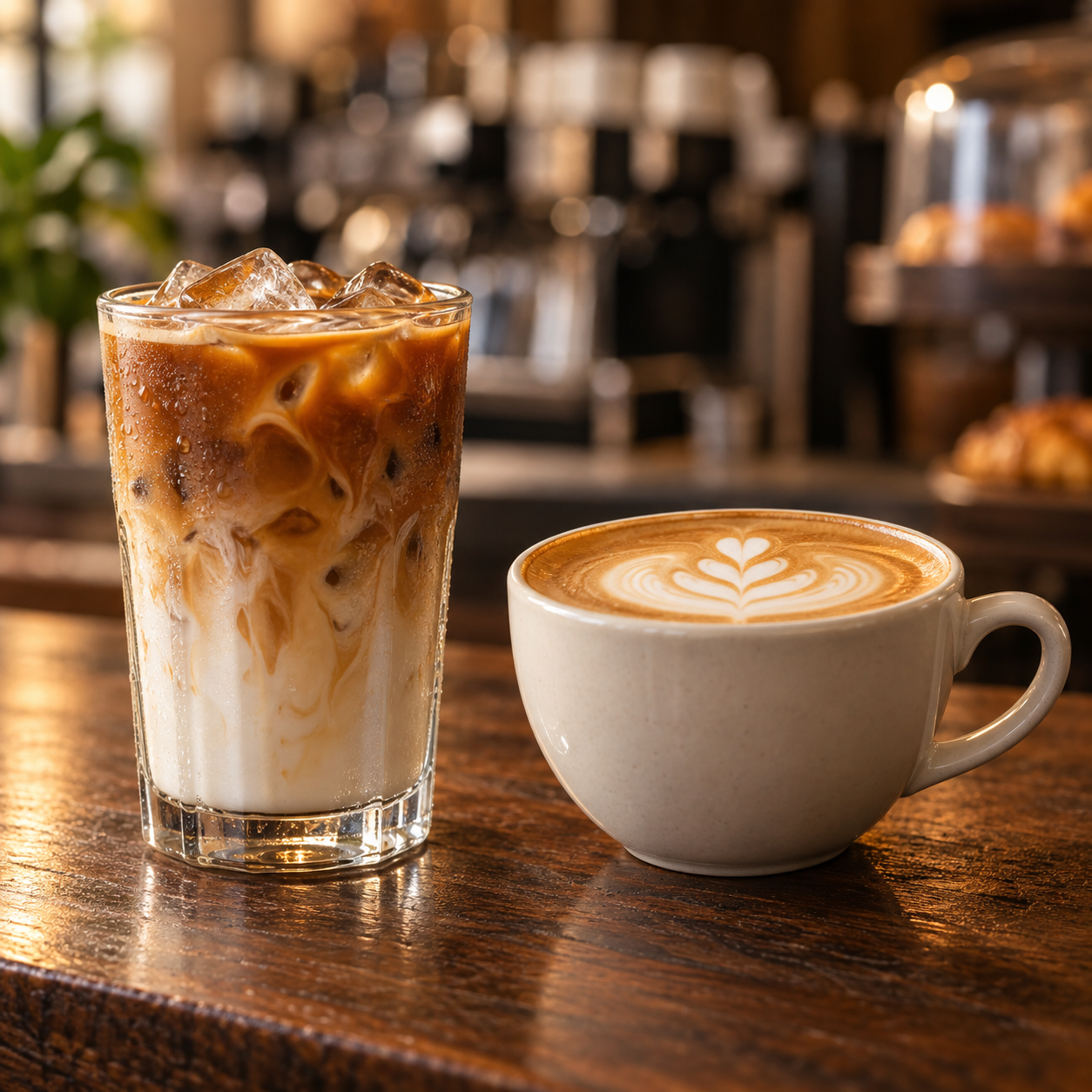 Iced and hot latte drinks on a coffee bar