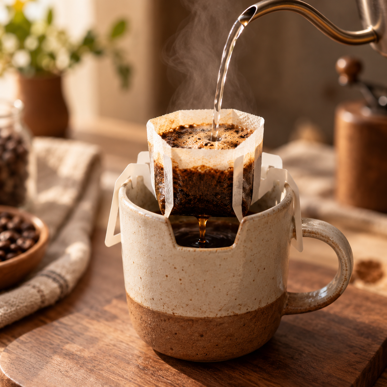 Drip coffee brewing into a ceramic cup
