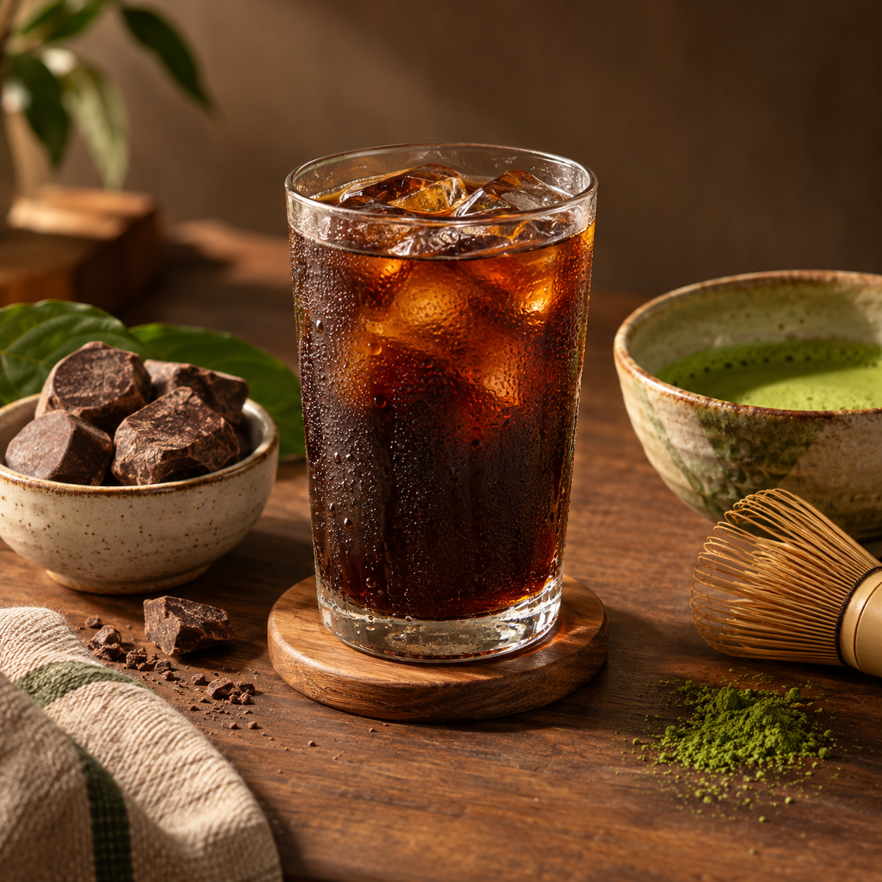 Cold brew, tablea cacao, and matcha on a wooden table